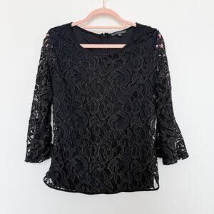 Adrianna Papell Womens Top Med Black‎ Lace Bell Sleeve Gothic Whimsygoth Classic